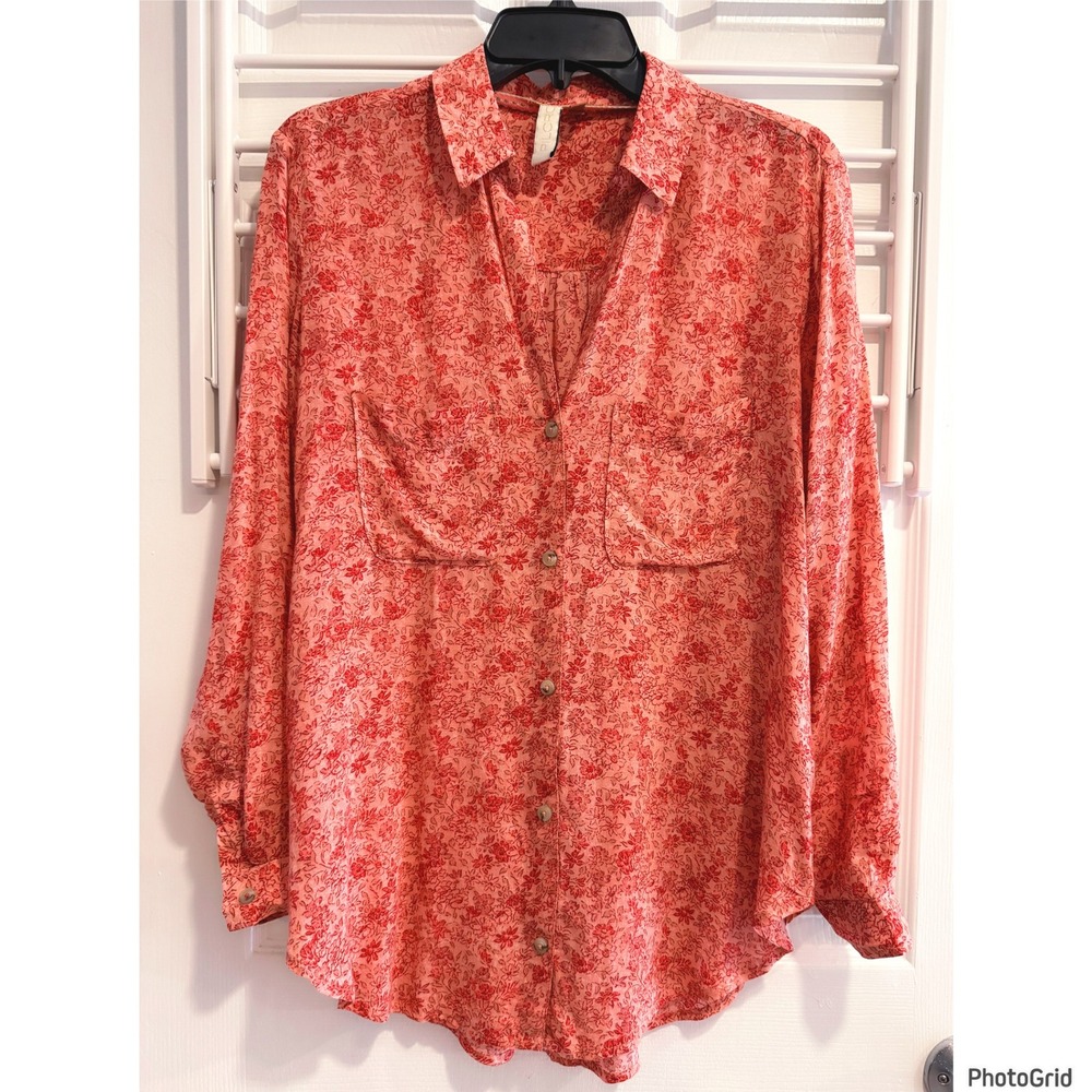 Anthropologie Pilcro The Romy Relaxed Button Down Top Coral Floral Xsmall